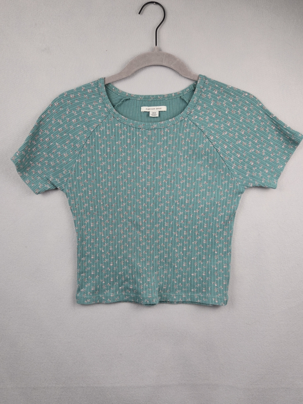 American Eagle Green Floral Ribbed Short Sleeve Crop Top Small